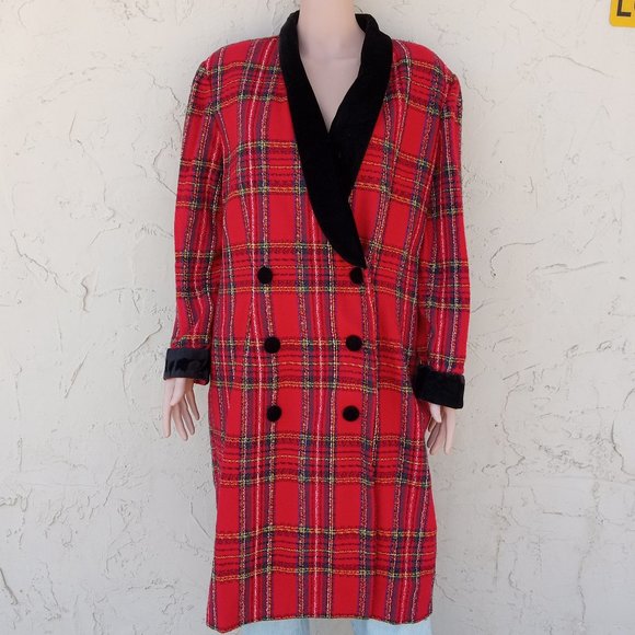 Vintage Black Velvet Trimmed Plaid Coat - Picture 1 of 10